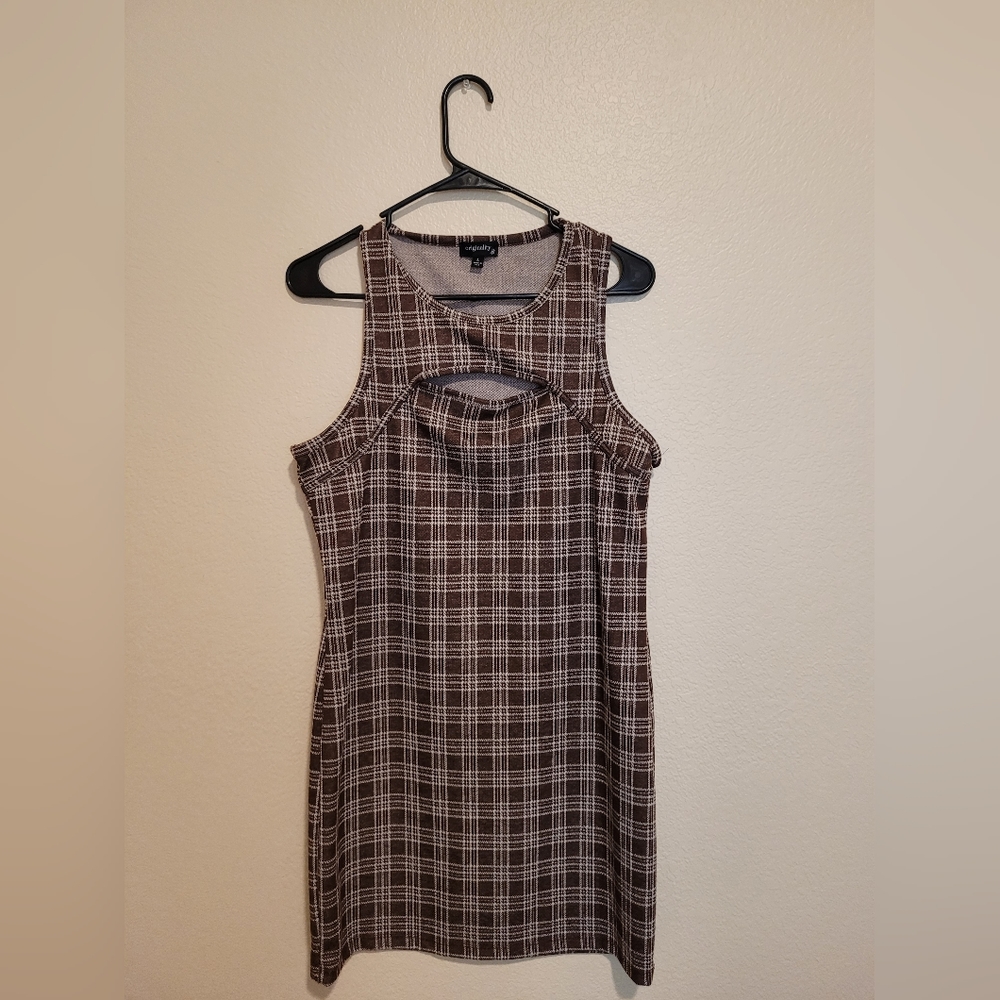 Brown Plaid High Neck Cut-Out Mini Dress (Size L)
